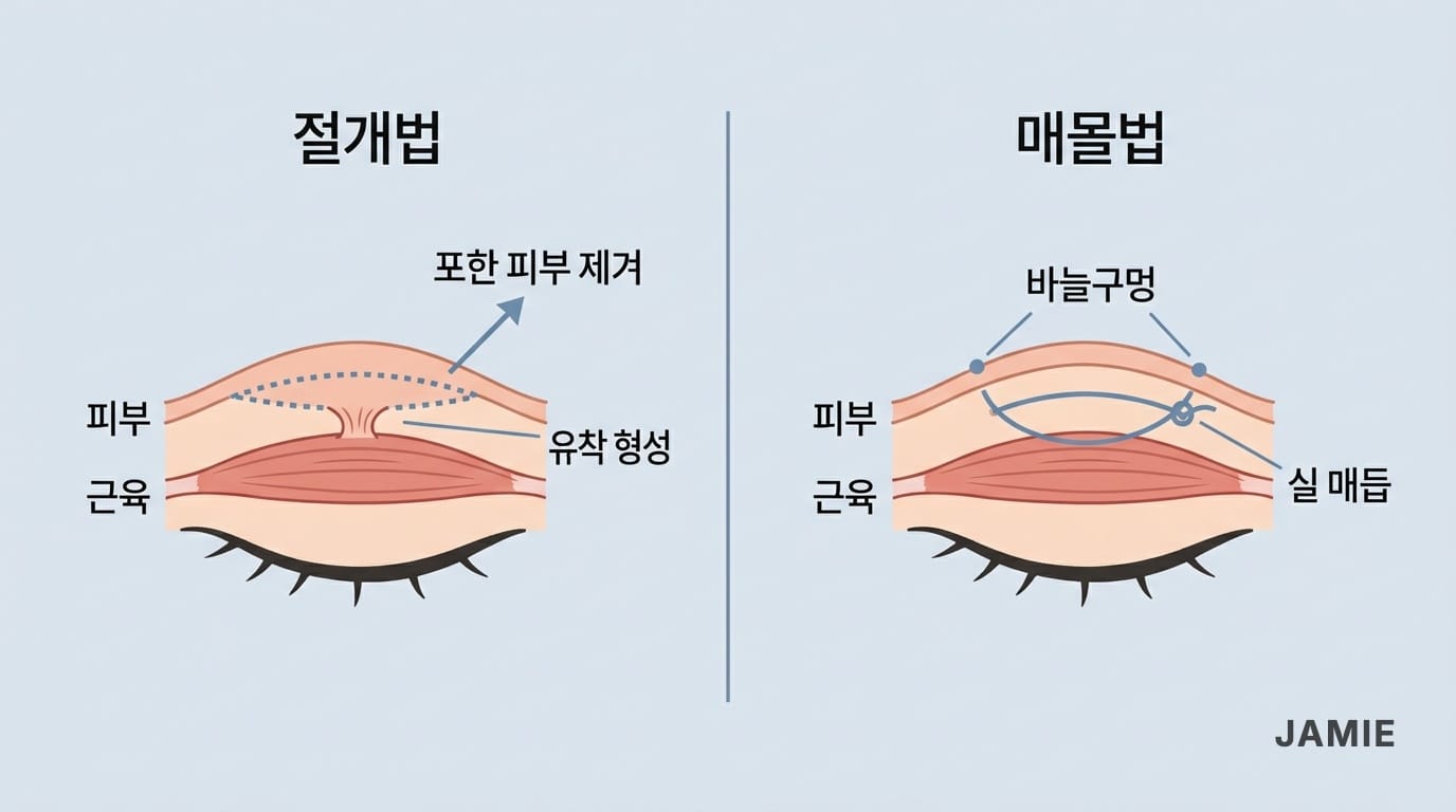 절개법과 매몰법의 수술 원리를 비교하는 눈꺼풀 단면 도식